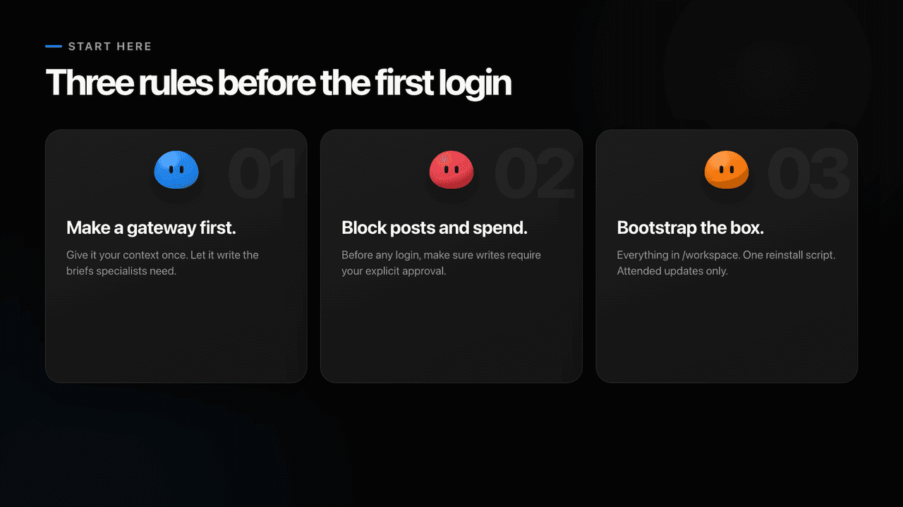 Three rules: make a gateway first, block posts and spend, bootstrap the box