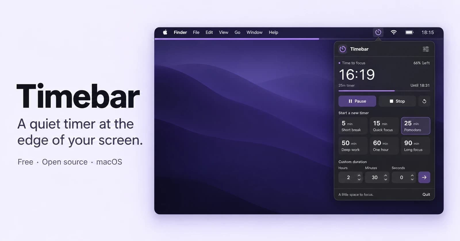 Timebar product illustration showing the thin countdown line beneath the Mac menu bar and the open timer controls
